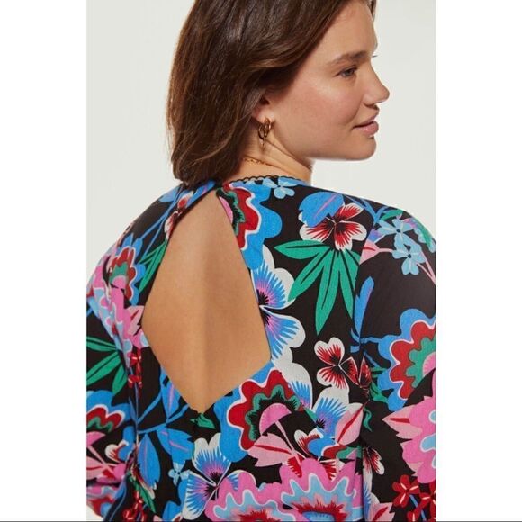 NEW Anthropologe Maeve Ruched V-Neck Black Floral High-Low Maxi Dress Size 14 - Picture 3 of 10